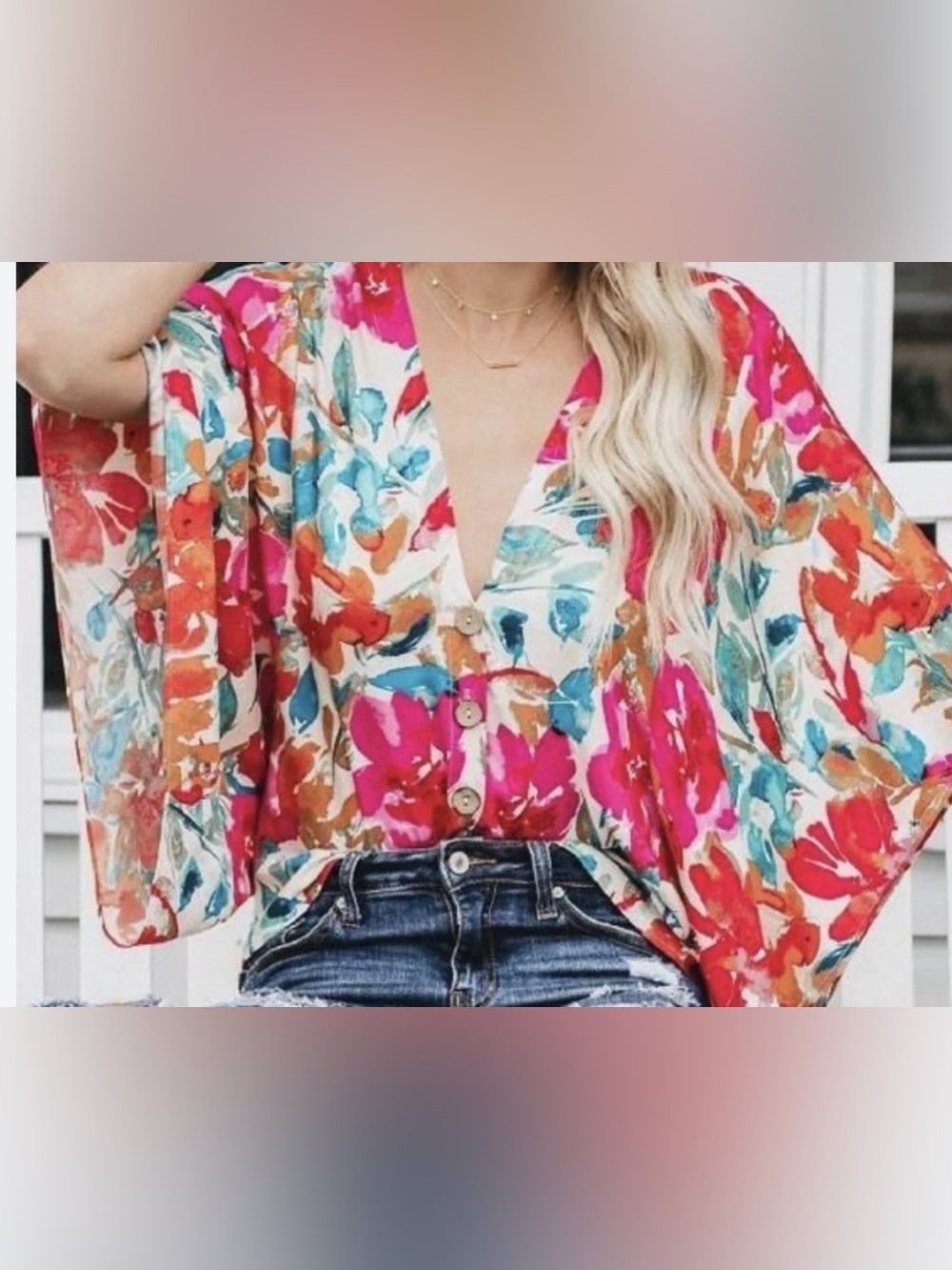 Floral Button-Front V-Neck Blouse - Pink Multi